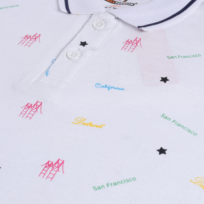 White Typographic Printed Polo