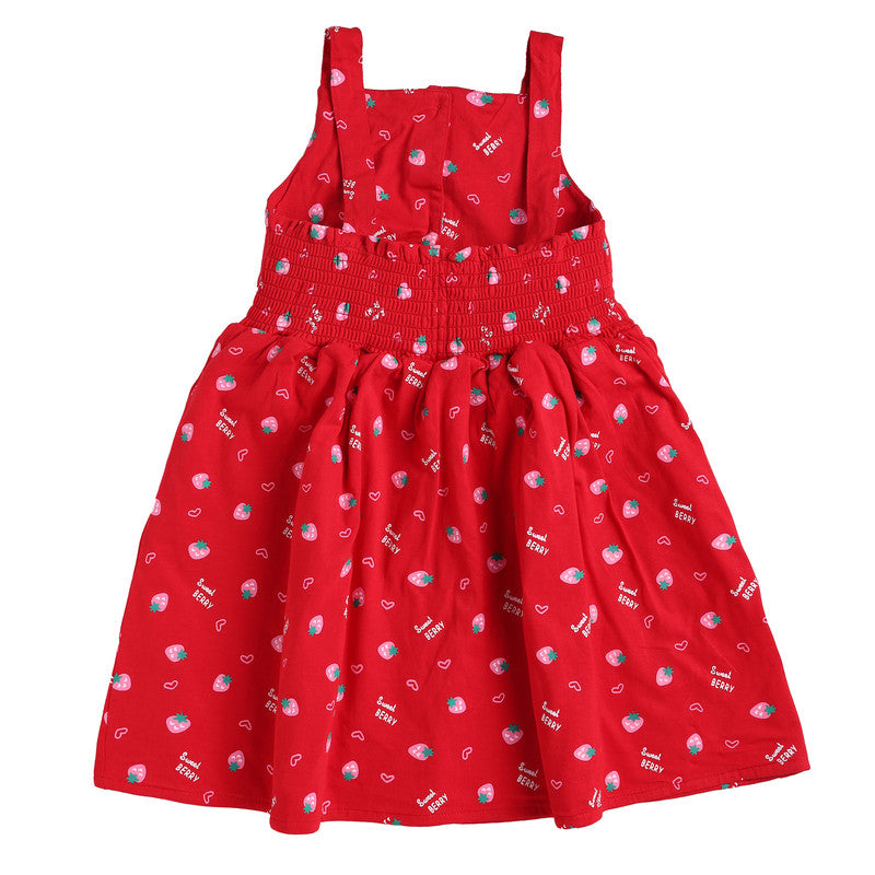 Girls Printed Sleeveless Frock|Red