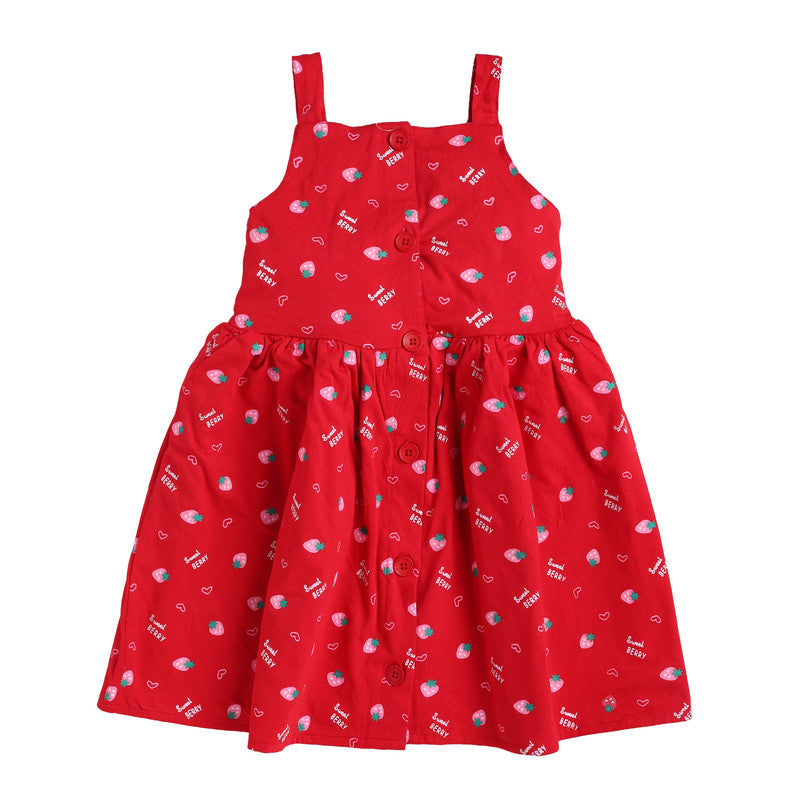 Girls Printed Sleeveless Frock|Red