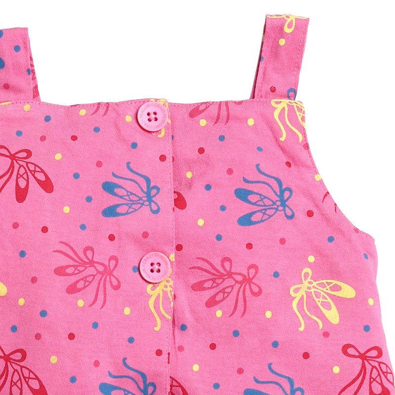 Girls Printed Sleeveless Frock|Cosmos Pink