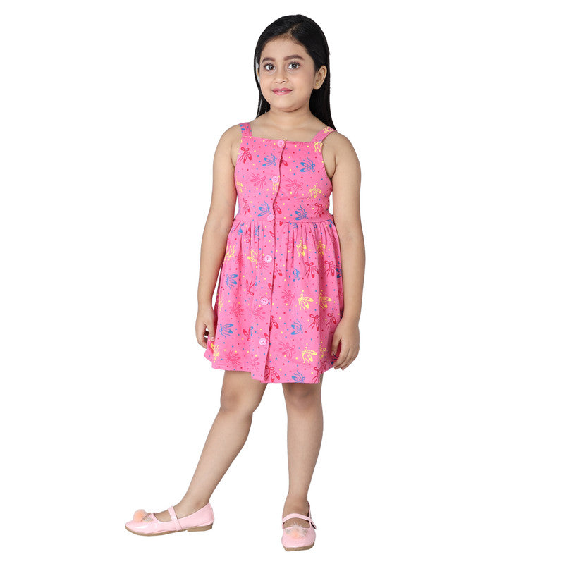 Girls Printed Sleeveless Frock|Cosmos Pink