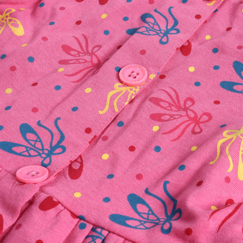 Girls Printed Sleeveless Frock|Cosmos Pink
