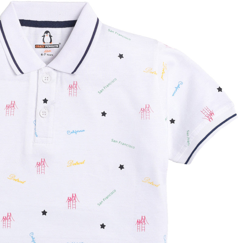 White Typographic Printed Polo