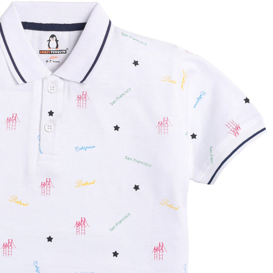 White Typographic Printed Polo