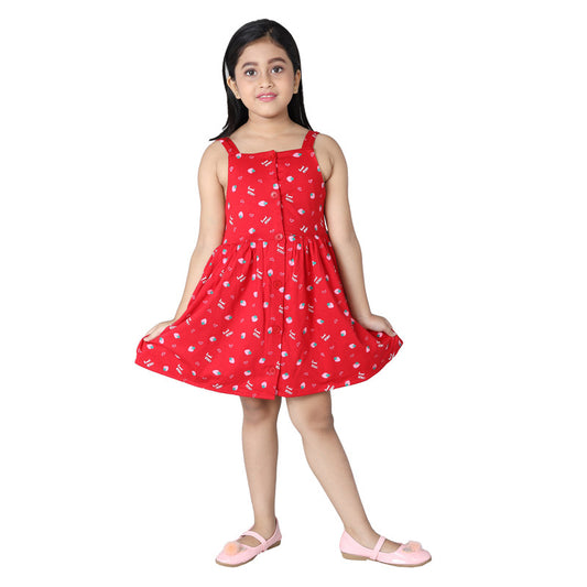 Girls Printed Sleeveless Frock|Red