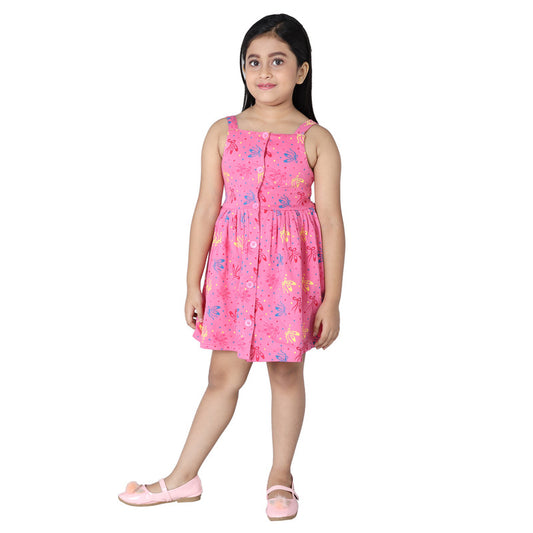 Girls Printed Sleeveless Frock|Cosmos Pink